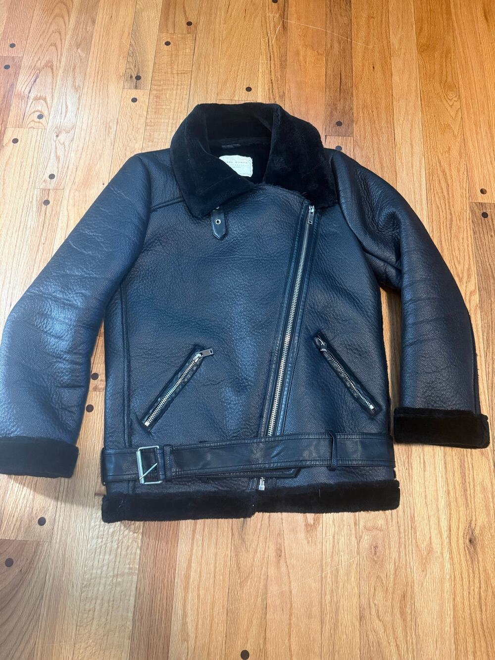 Zara Woman Faux Shearling Aviator Jacket S Black Biker Moto Belted